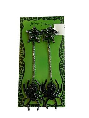 Betsey Johnson Black Spider Web Drop Earrings with Iridescent Stones